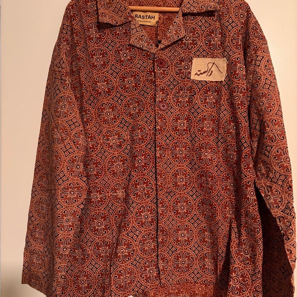 Rastah Printed Button-Up Shirt in Rust Red Ajrak XL made in Pakistan